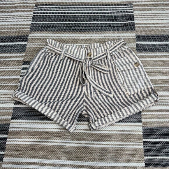 Free People One Harriet Striped Shorts Pockets Relaxed Fit Tan Black Size Large - Picture 4 of 14